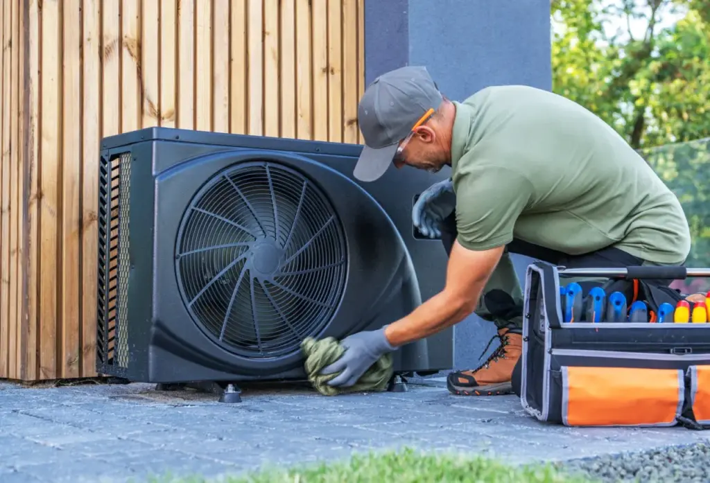 Technician performs maintenance on outdoor air con 2026 03 24 09 00 28 utc groot